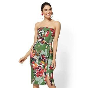 Strapless Green Floral Midi Dress